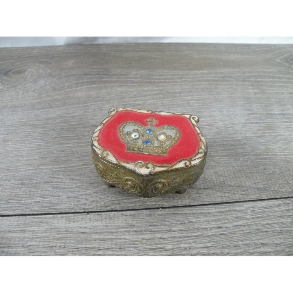 Japan Vintage Footed Trinket Box S Gold Metal Red Velvet Lining